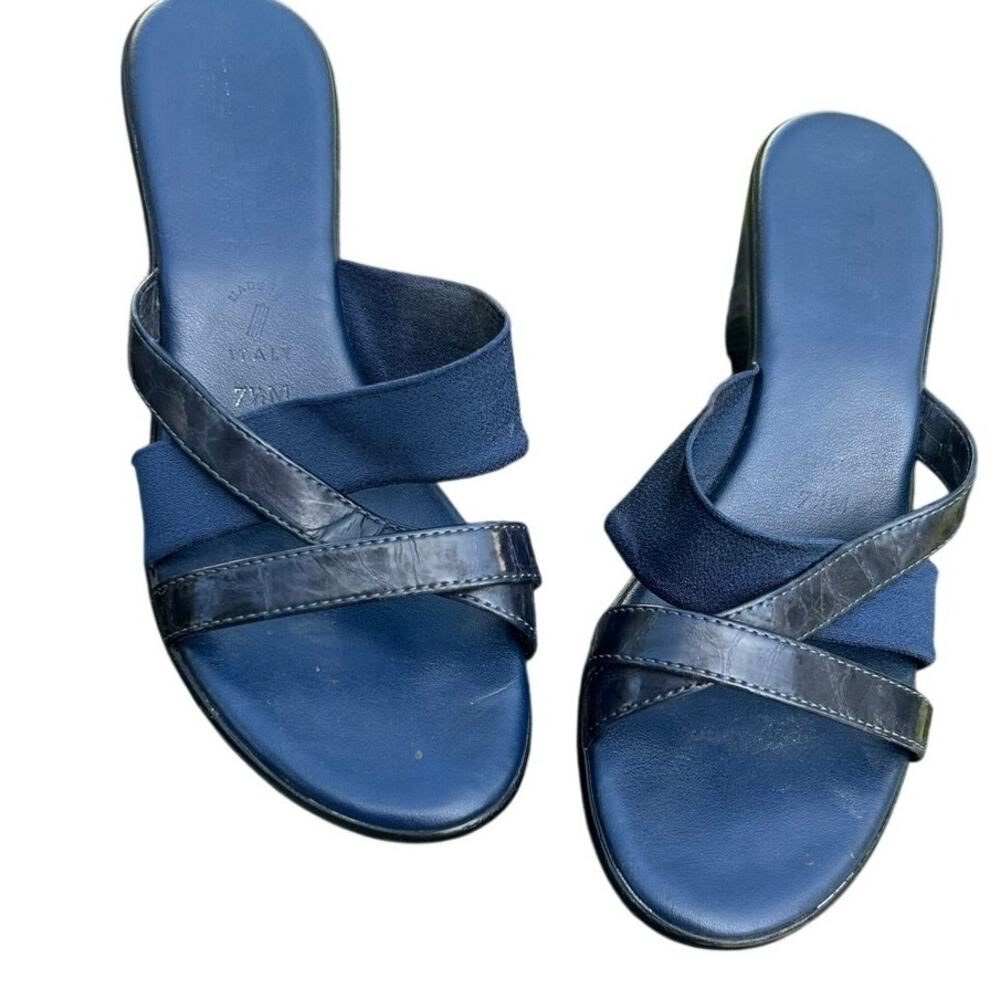 Italian Shoemaker Ruth Wedge Sandals 7.5 M Navy Blue Strappy Made in Italy